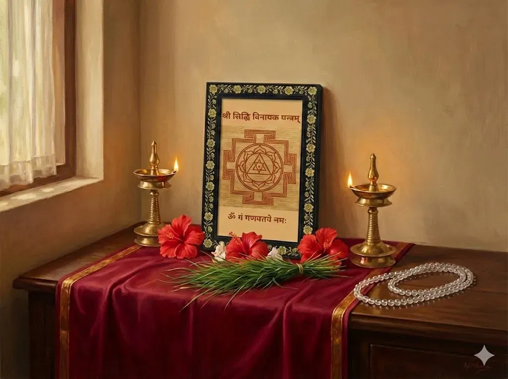 A serene, Raja Ravi Varma-style depiction of a sanctified Ganesh Sadhana altar featuring the Framed Sri Siddhi Vinayaka Yantra. The authentic Bhojpatra Yantra is placed respectfully on a deep red cloth, flanked by glowing oil lamps and traditional offerings of red Hibiscus and Durva grass. A pure crystal (Sphatika) mala rests nearby, creating a peaceful, energized space for daily worship.