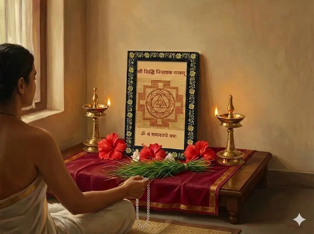 A powerful oil painting in the Raja Ravi Varma style, depicting a deeply devotional moment of Ganesh Sadhana. A devotee sits in a meditative posture, holding a clear crystal mala (sphatika) and facing a consecrated altar. The focal point is the framed 'Sri Siddhi Vinayaka Yantram' placed on a deep red silk cloth, flanked by two glowing brass oil lamps (diyas). Offerings of fresh red hibiscus flowers and green durva grass rest before the yantra. Soft, warm morning light streams through a window on the left, illuminating the serene, sacred space.