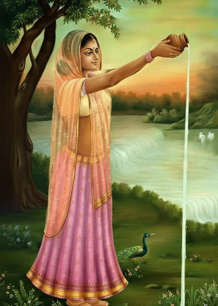 A traditional painting of a woman in a pink and gold lehenga and orange veil standing by a river at sunset, pouring water from a small clay pot. A peacock stands on the grass nearby, and two white swans swim in the water behind her.
