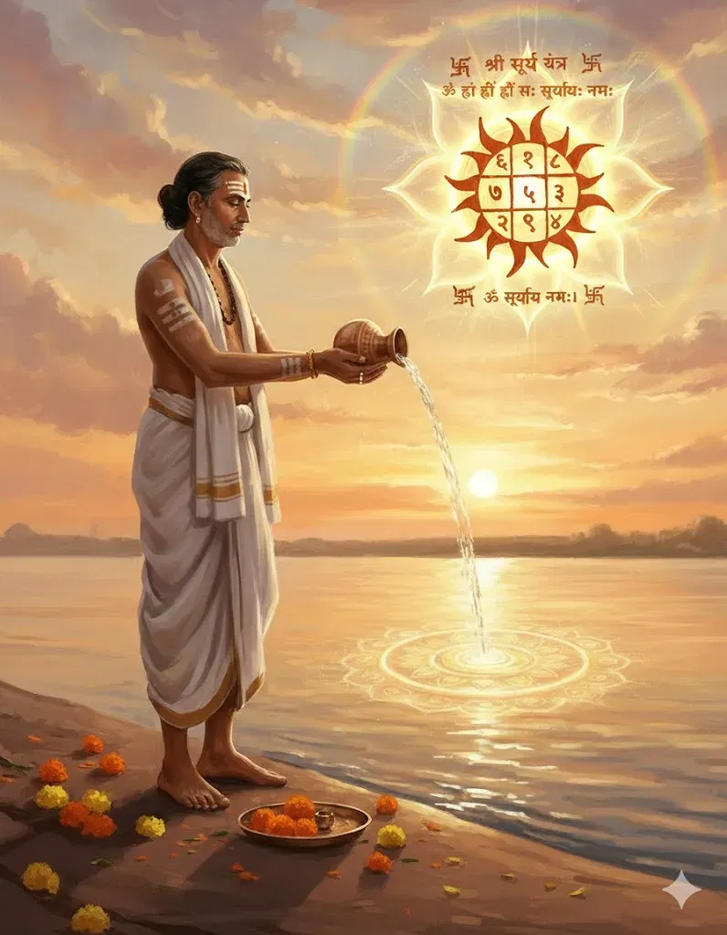 A serene digital painting of a Hindu man in traditional white attire standing by a river at sunrise, performing a water offering (Arghya). A glowing, golden Surya Yantra hologram is suspended in the sky above the water, surrounded by a soft rainbow halo and Sanskrit mantras.
