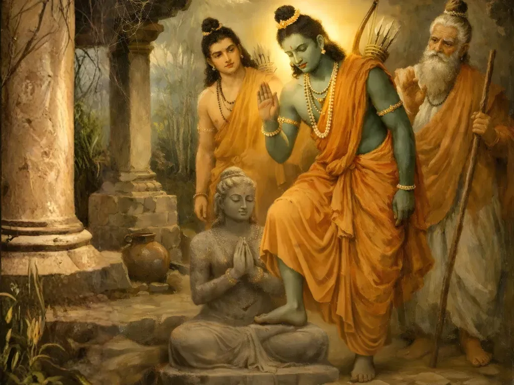 Lord Rama touching the stone form of Ahilya with his foot to liberate her, while Lakshmana and Sage Vishvamitra observe in a forest setting.