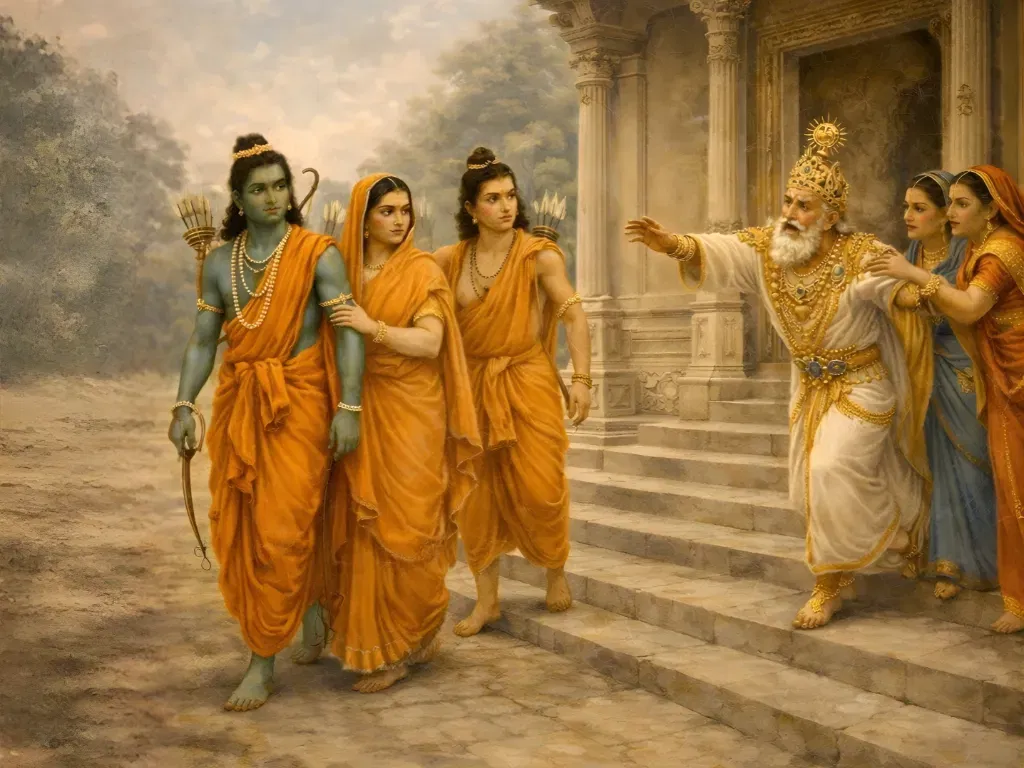 Lord Rama, Sita, and Lakshmana dressed in ascetic robes, walking away from the palace into exile as King Dasharatha reaches out in grief.