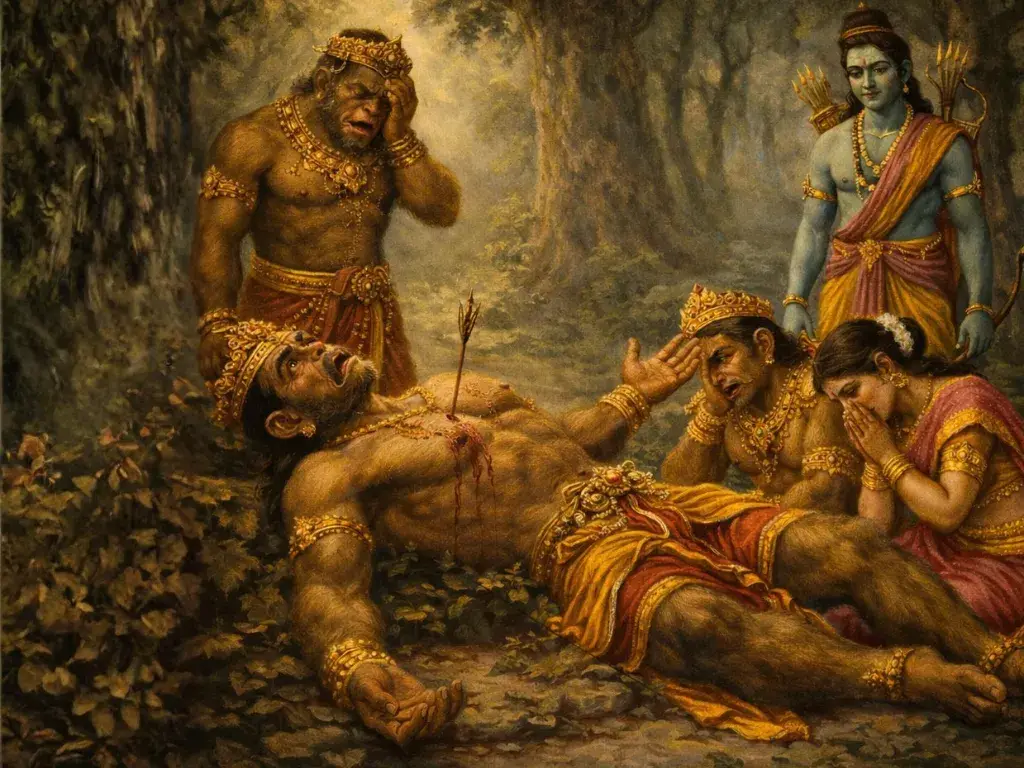 The vanara king Bali lying wounded on the ground with an arrow in his chest, surrounded by a grieving Tara, Sugriva, and Lord Rama.