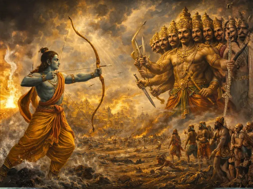 Lord Rama aiming his bow at the ten-headed demon king Ravana amidst a chaotic battlefield filled with vanaras and rakshasas.
