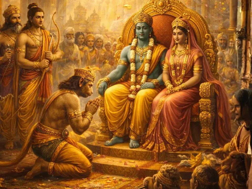 Lord Rama and Sita seated on a golden throne during their coronation, with Hanuman kneeling in devotion and Lakshmana standing nearby.