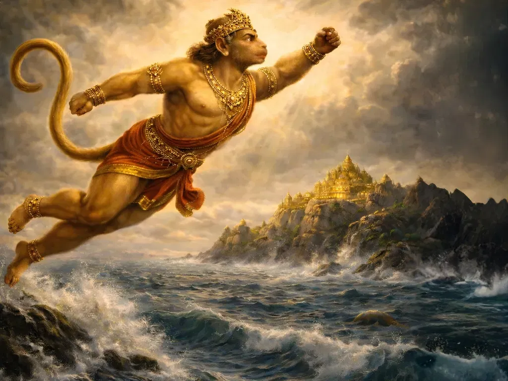 Lord Hanuman flying through a stormy sky over a turbulent ocean toward the golden city of Lanka perched on a distant mountain.