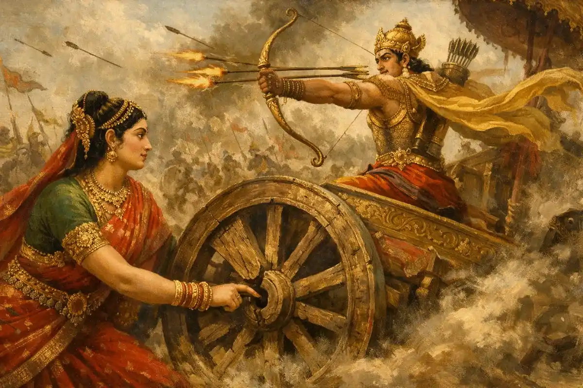 Illustration of Devi Kaikeyi from Ananda Ramayana holding a broken chariot wheel spindle with her finger to support King Dasharatha in battle, symbolizing silent sacrifice and karmic duty.