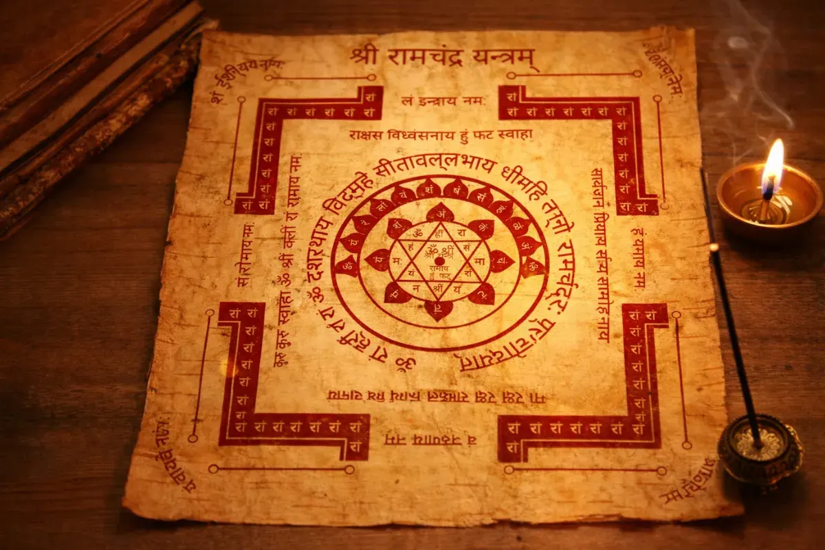 A precision-drawn Sri Ramachandra Yantra on aged Bhojpatra, featuring sacred geometry for spiritual grounding and truth, placed on a Vedic altar with a ghee lamp.
