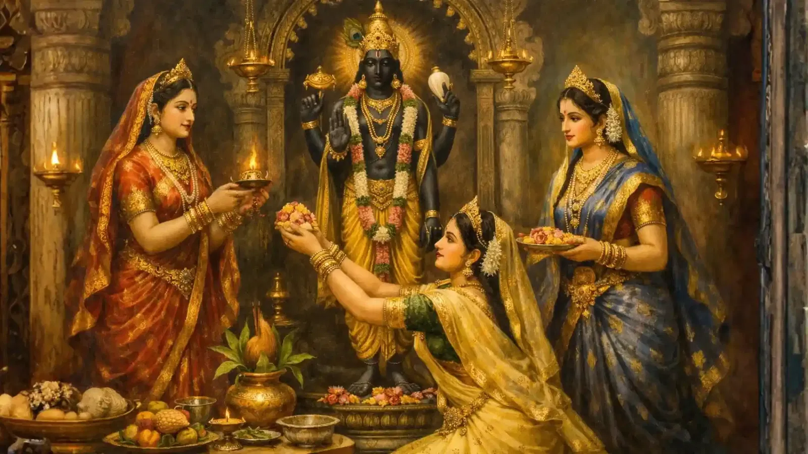 A classical painting of the three Queens of the Solar Dynasty performing a ritual for Lord Vishnu. On the left, Devi Kaushalya stands in a red and gold saree, holding a lit deepam (lamp). In the center foreground, Devi Sumitra kneels in a yellow and green saree, offering a bowl of blossoms toward the deity. On the right, Devi Kaikeyi stands in a regal blue and gold saree, carrying a plate of offerings. They are gathered before a black stone idol of four-armed Lord Vishnu in a golden, lamp-lit temple sanctuary filled with ritual items like a Kalash, fruits, and incense, symbolizing their collective role in the manifestation of the Divine pastimes.