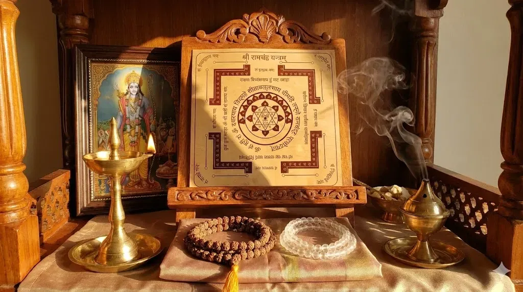 A serene home altar featuring a Shri Ramachandra Yantra inscribed on Bhojpatra bark, resting on a wooden stand. The sacred setting includes a framed portrait of Lord Rama, a lit brass ghee lamp, a Rudraksha mala, and a Sphatika crystal mala, all bathed in the warm, golden light of a sunrise with soft incense smoke.