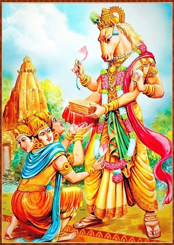 A vibrant illustration of Lord Hayagriva, the horse-headed avatar of Vishnu, restoring the sacred Vedas to Lord Brahma. The four-armed deity holds a lotus, a conch shell, and a stack of scriptures while figures kneel in reverence before a traditional Hindu temple background.