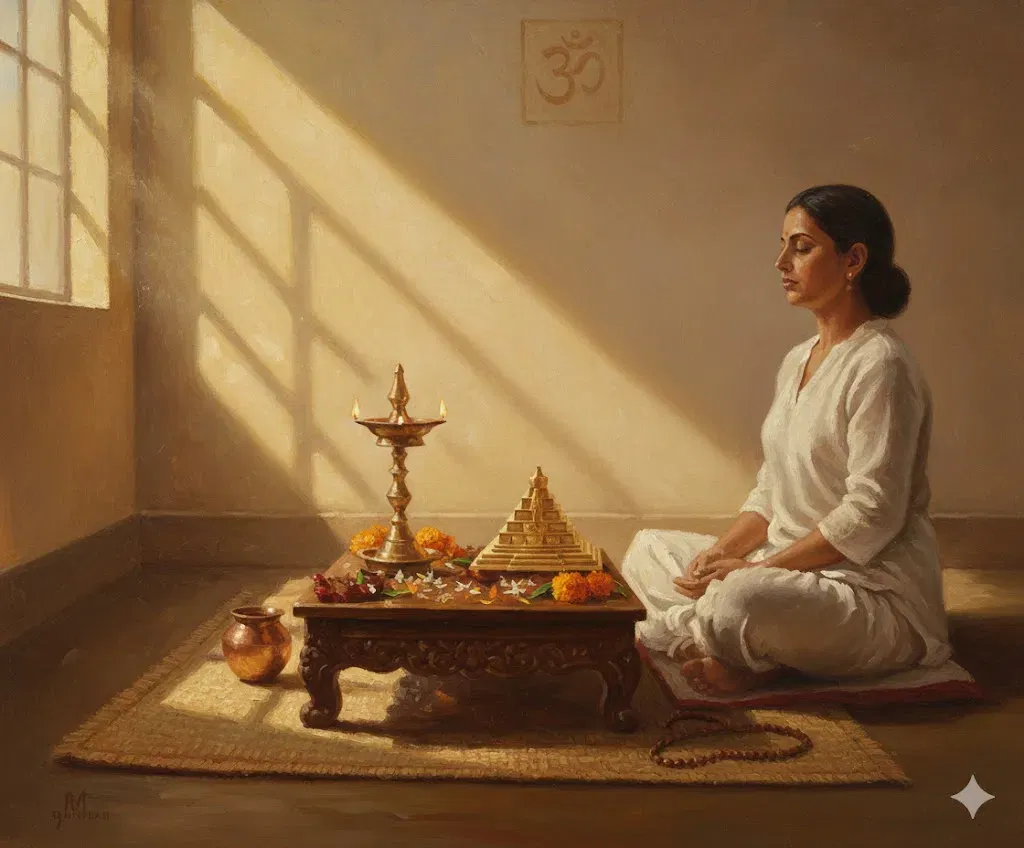 A realistic oil painting of a woman in white clothes sitting in a calm, meditative posture on a woven mat. She faces a small wooden altar bathed in golden morning sunlight streaming from a window. On the altar sits a brass oil lamp with small flames and a gold-colored Sri Chakra Meru surrounded by orange marigolds and jasmine petals. A faint Om symbol is visible on the wall behind her.