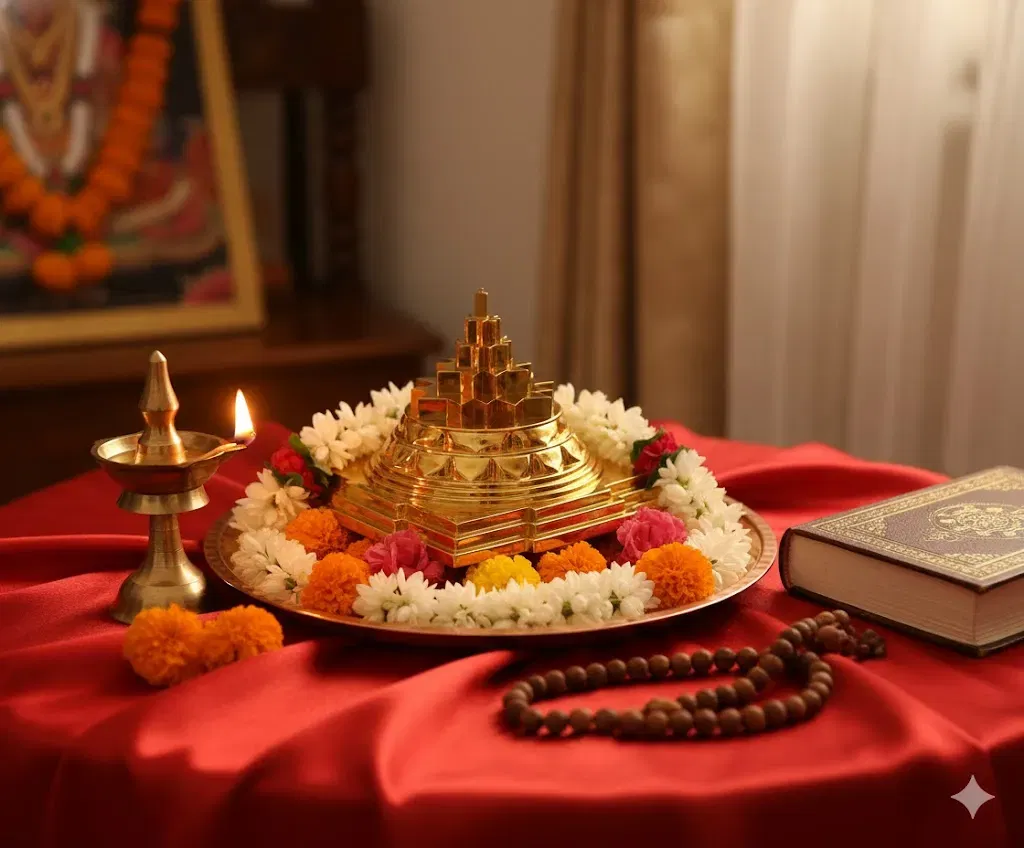 A realistic, high-quality photograph of a sacred Hindu home altar at YantraChants.com. In the center, a golden Sri Meru sits on a polished copper plate, surrounded by a garland of fresh white jasmine and orange marigold flowers. To the left, a traditional brass ghee lamp casts a warm, soft glow. In the foreground, a wooden japa mala and a small scripture book rest on a rich red silk cloth. The background is softly blurred, showing a peaceful, devotional home setting in 4:3 aspect ratio.