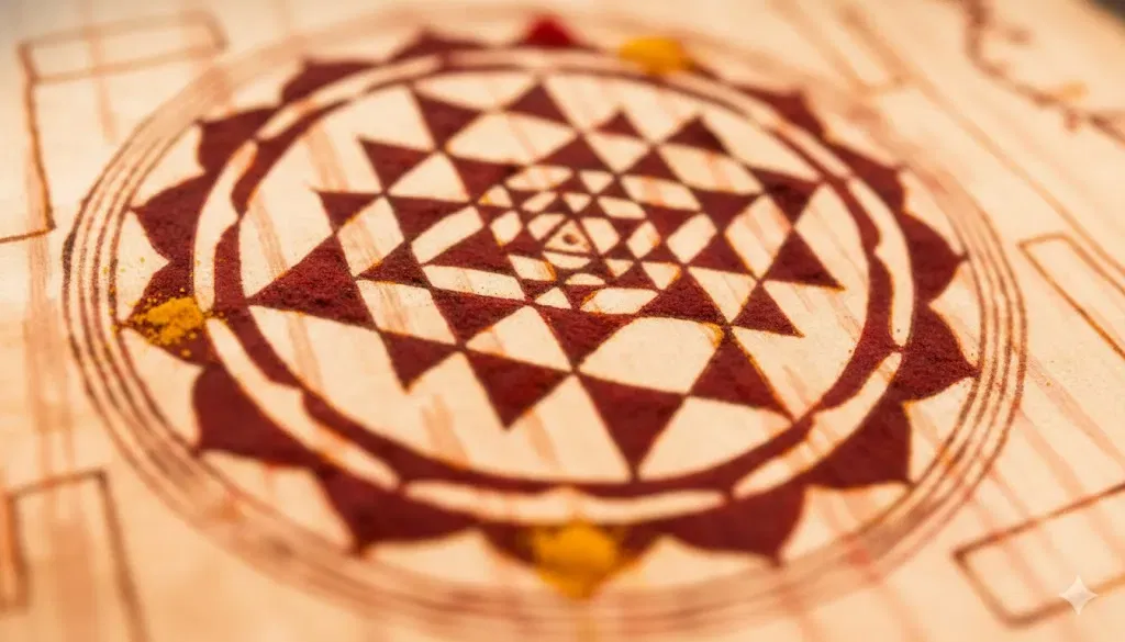 This is a Sri Yantra Close-up Created at YantraChants.com. A macro, close-up shot of a Sri Yantra with crisp geometric lines rendered on a textured bhojpatra (birch bark) surface. The sacred geometry is accented with vibrant red kumkum and yellow turmeric powder. The scene is illuminated by soft, warm lamp light, creating a realistic and devotional atmosphere with a shallow depth of field.