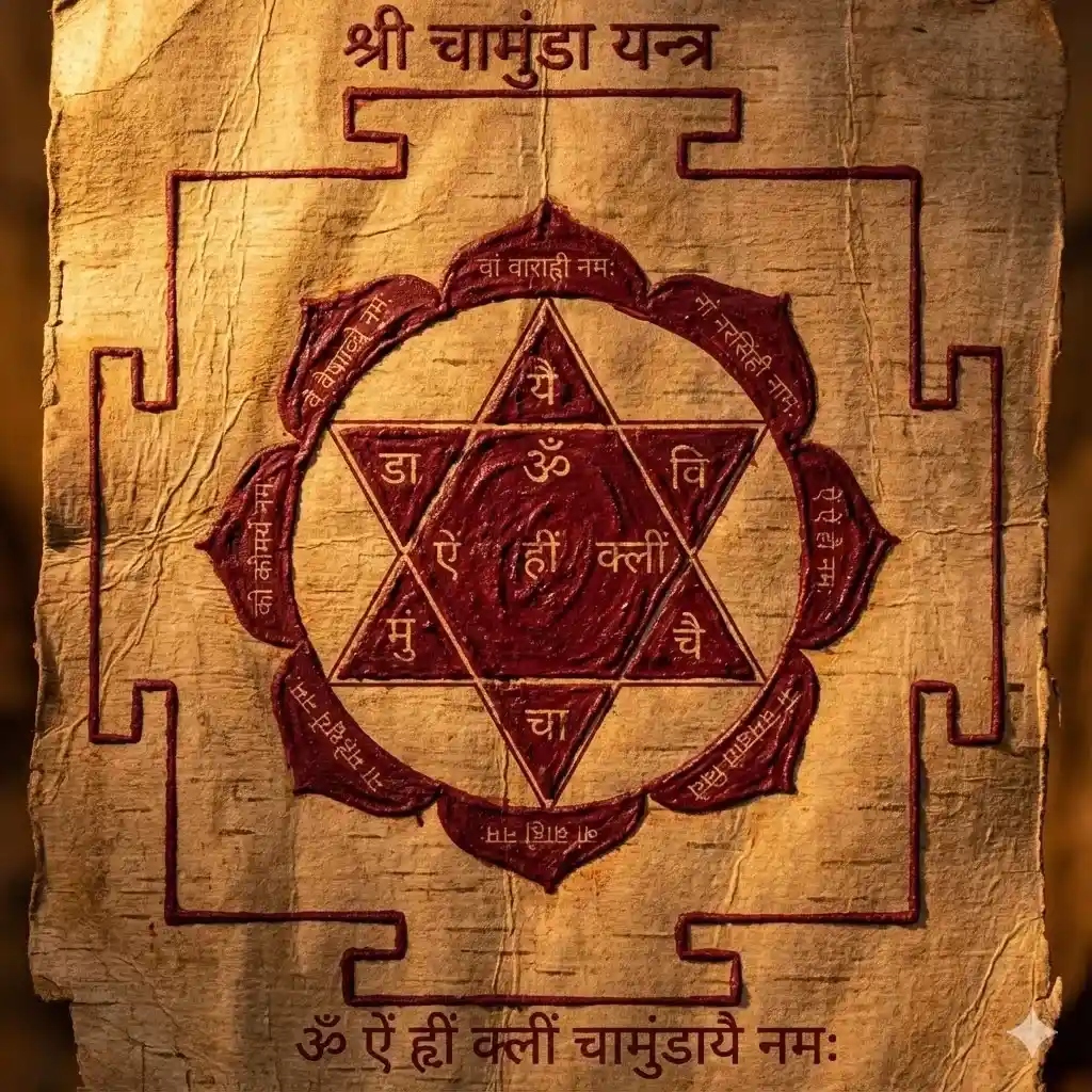 An Illustration of a Vermillion Bhojpatra Chamunda Yantra