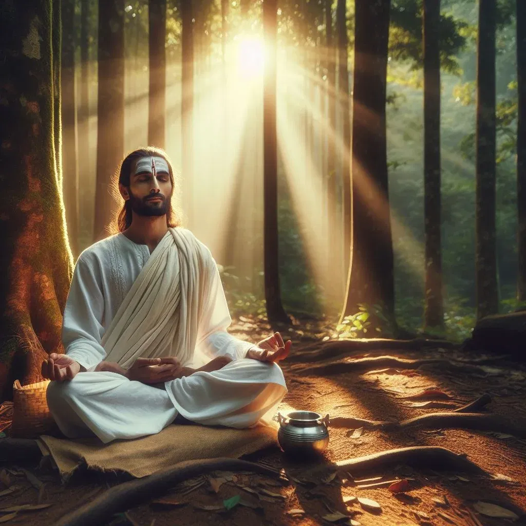 A devotee lost in Meditation thinking about the Supreme Lord, in an active form of Meditation.