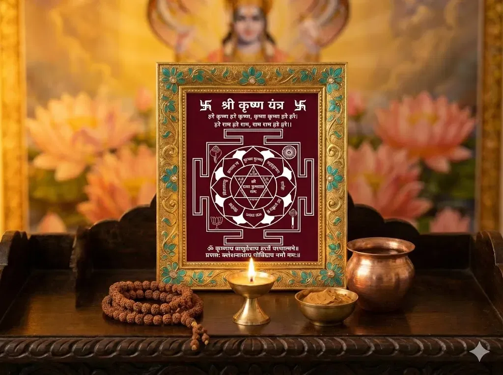 A 4:3 devotional image of a Sri Krishna Yantra set within a golden frame featuring teal and turquoise floral designs. The Yantra is placed on a dark wooden altar, beautifully lit by the warm glow of a central ghee diya. Beside the frame rests a coiled Tulsi bead mala, a small bowl of sandalwood paste, and a copper lota. The background softly displays Vaikuntha-style lotus motifs and a divine presence, creating a serene and sacred atmosphere.