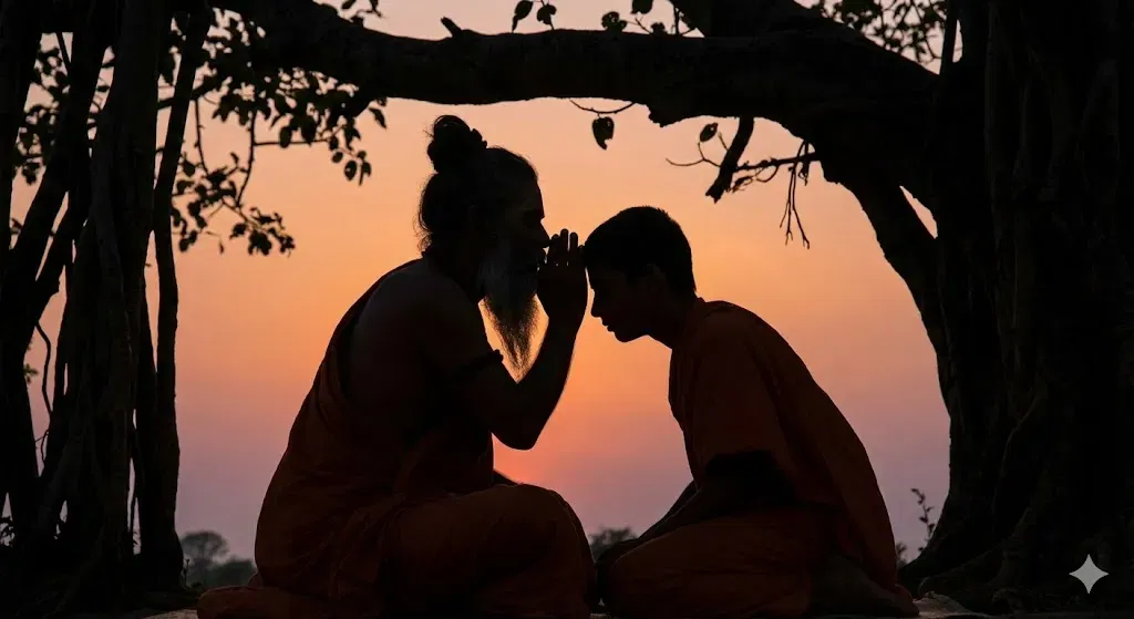 A silhouette of a Guru whispering into the ear of a disciple in a forest setting, symbolizing Diksha (initiation)