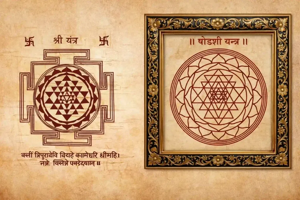 Two sacred yantras arranged side by side in a 16:9 layout—on the left, a parchment-style Shri Yantra with geometric triangles, lotus rings, swastika symbols, and Sanskrit script; on the right, a framed Podeshi Yantra with intricate lotus geometry and a decorative gold border, both rendered in deep maroon lines Bhoj Patra background.