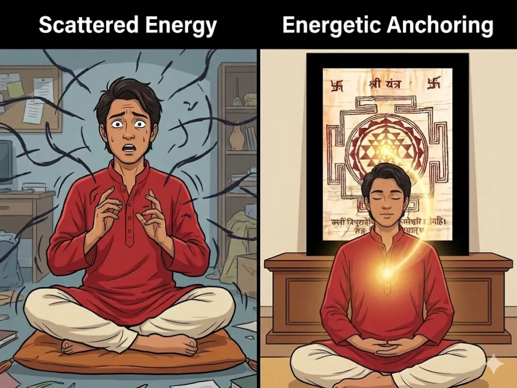A split-screen comparison graphic titled "Scattered Energy" and "Energetic Anchoring." On the left, a man in a red kurta appears stressed and distracted while attempting to chant in a cluttered room; dark, jagged lines radiate from him to symbolize chaotic energy. On the right, the same man sits in a calm, meditative state before a framed Sri Yantra hand-drawn on authentic Bhoj Patra. A warm golden light emanates from the center of the Yantra and connects to his heart, representing a grounded, focused spiritual connection and the "Living Yantra" effect.