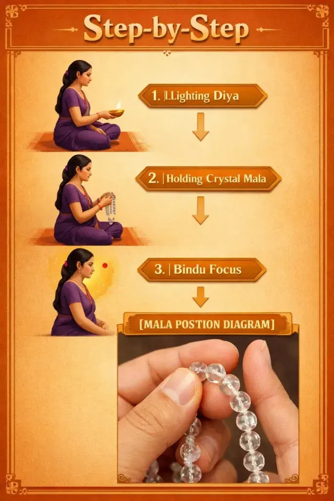 An educational infographic titled "Step-by-Step" illustrating the Sri Yantra practice, designed with a warm, saffron-toned aesthetic and traditional borders. The image features a woman in a purple sari seated in a meditative posture, guiding the seeker through three stages:Step 1: Lighting Diya – The woman sits cross-legged on a mat, holding a lit oil lamp (diya) to signify the start of the Seva.Step 2: Holding Crystal Mala – She is shown holding a clear Sphatik (crystal) mala, preparing for Japa or mantra chanting.Step 3: Bindu Focus – She sits in steady meditation; a red Bindu (central point) is highlighted in a glowing aura to illustrate focused concentration.Mala Position Diagram – A close-up inset photo at the bottom demonstrates the correct hand positioning for holding the faceted crystal beads during spiritual practice.