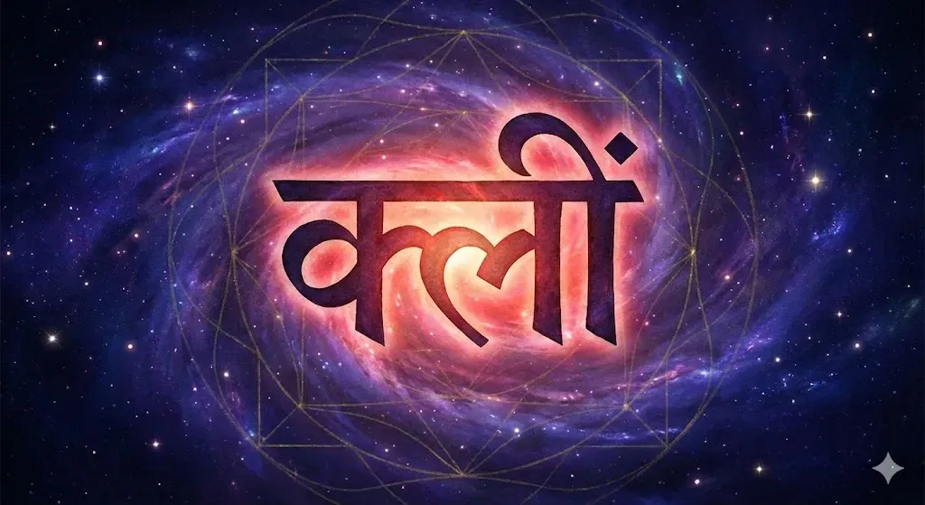 spiritual illustration of the Kleem Beej syllable written in Sanskrit (क्लीं) glowing