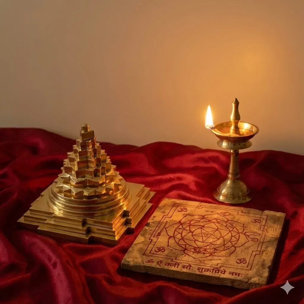 Consecrated Sri Vidya home altar featuring Sri Meru and Raja Shyamala Yantra.