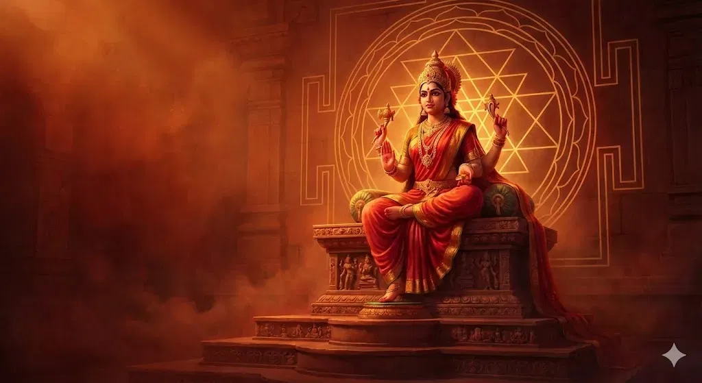 Lalita Tripura Sundari Rajarajeshwari seated on Shiva throne – Sri Vidya Tantra Iconography.