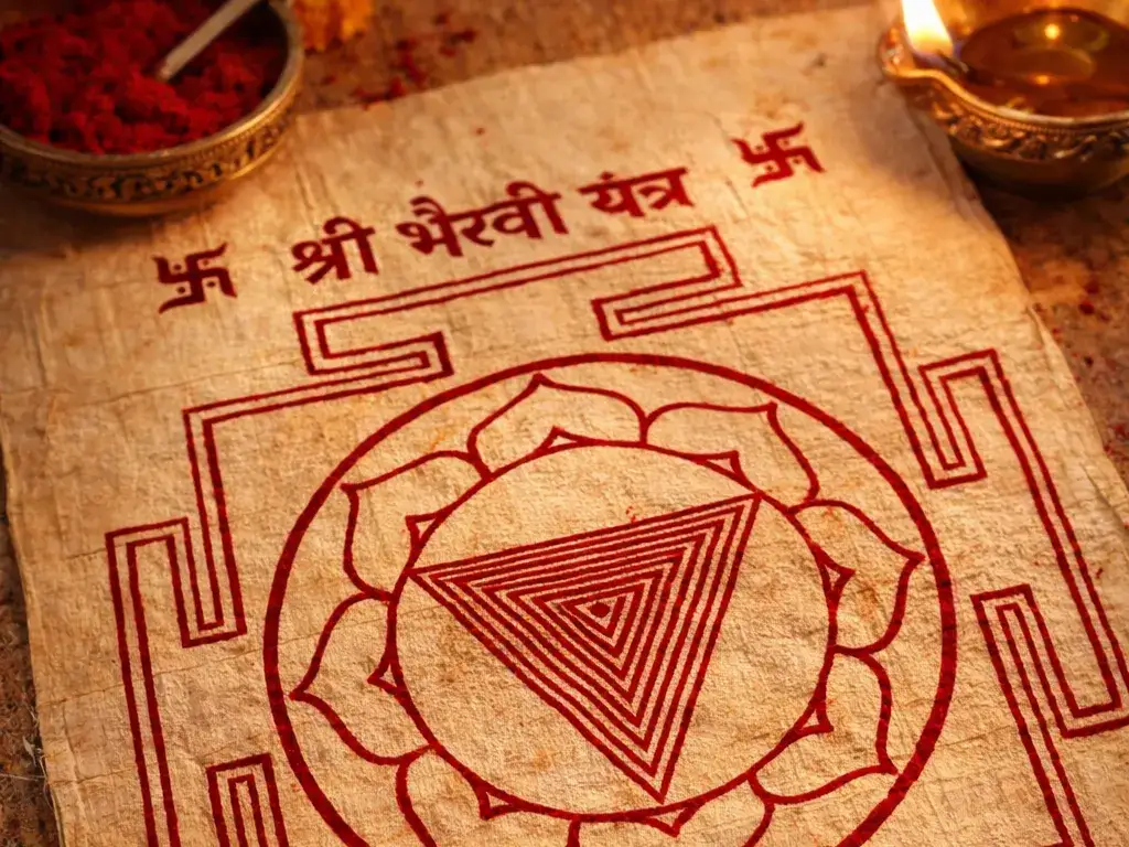 Close-up photograph of a hand-drawn Sri Bhairavi Yantra on organic Bhojpatra bark. The sacred geometry, featuring the central Bindu and concentric triangles, is rendered in a deep red natural ink. The Hindi script 'श्री भैरवी यंत्र' and two swastika symbols are at the top. To the upper left is a small brass bowl of red vermilion powder, and to the right, a lit brass diya, casting a warm, atmospheric light on the textured paper and surrounding elements.