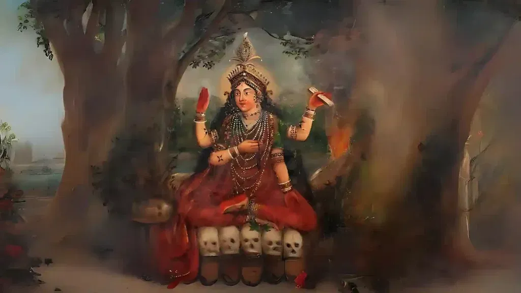 A meditative painting of Sri Tripura Bhairavi Devi seated on a throne of skulls in a cremation ground, representing the Mahavidya who destroys ego-ignorance and fear. She holds a mala and manuscript, embodying fierce grace and spiritual discipline as taught by YantraChants.com.