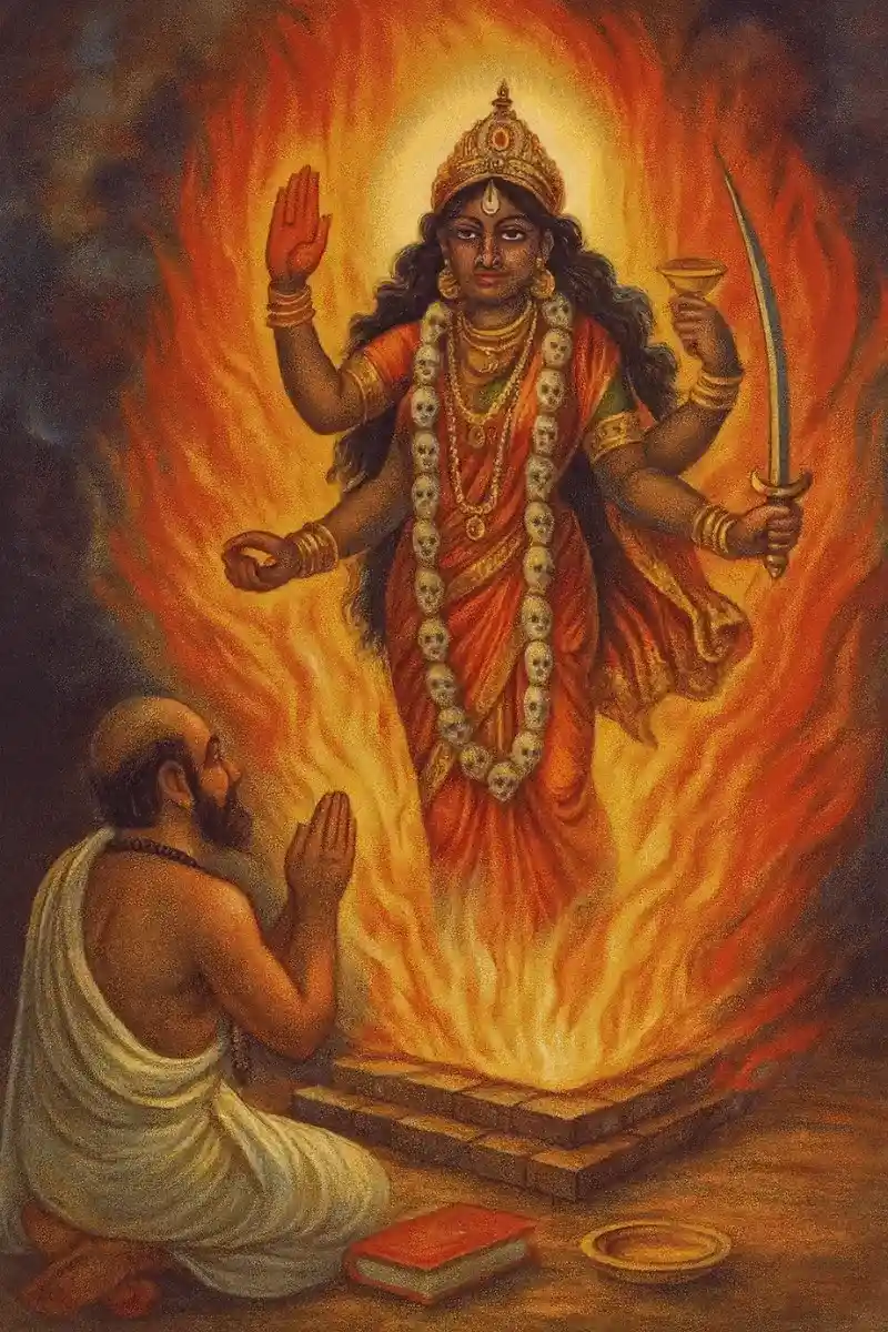 A powerful painting of the fierce Goddess Bhairavi emerging from a sacrificial fire altar (Homa). She is depicted with a dark complexion, holding a sword and a skull cup, wearing a garland of skulls, while a devotee prays in front of her. The scene symbolizes the burning of ego and the light of spiritual knowledge.