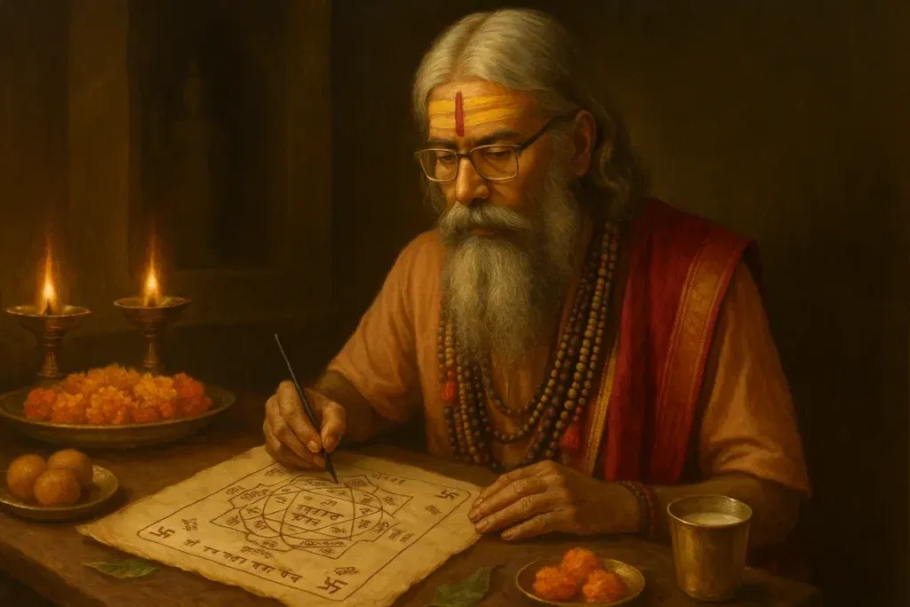 Guru ji preparing the Sri Ram Raksha Yantra
