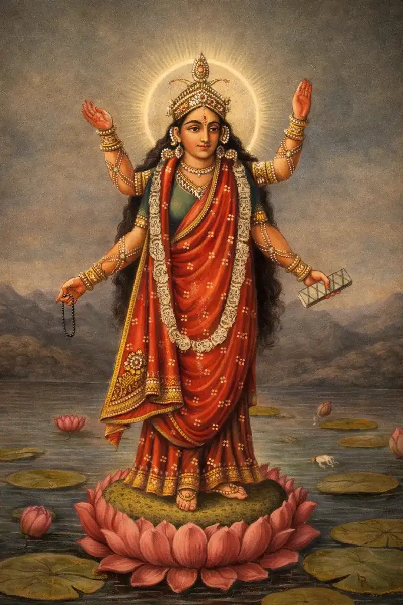 A traditional, oil-style painting depicting the multi-armed Hindu goddess Sri Tripura Bhairavi. She stands barefoot on a large pink lotus flower floating on a calm body of water with additional lotus pads. She is dressed in richly embroidered red and green garments, adorned with elaborate gold jewelry, a garland of skulls, and a tall crown. A crescent moon adorns her head. Her hands hold various objects including a rosary (mala), a manuscript (shastra), and make gestures of protection (Abhaya mudra) and boons (Varada mudra). Behind her head is a radiant halo, and in the distance, gentle hills are visible under a painted sky.