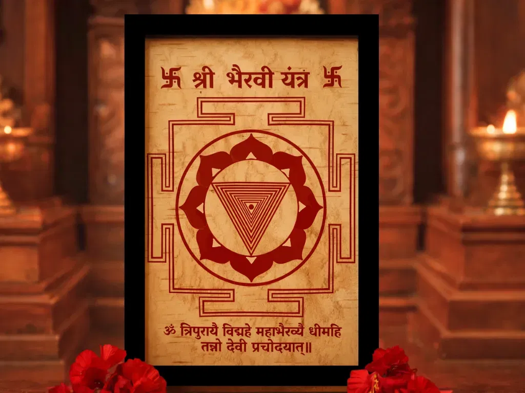 Hand-drawn Shri Bhairavi Yantra on ritual-grade Bhojpatra bark, professionally framed with the Tripura Bhairavi Gayatri Mantra at the base.