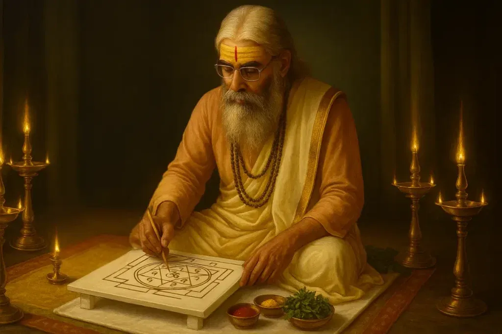Guruji Shri Damodar Dasji Maharaj Making the Sri krishna Chaitanya Yantra on Bhojpatra