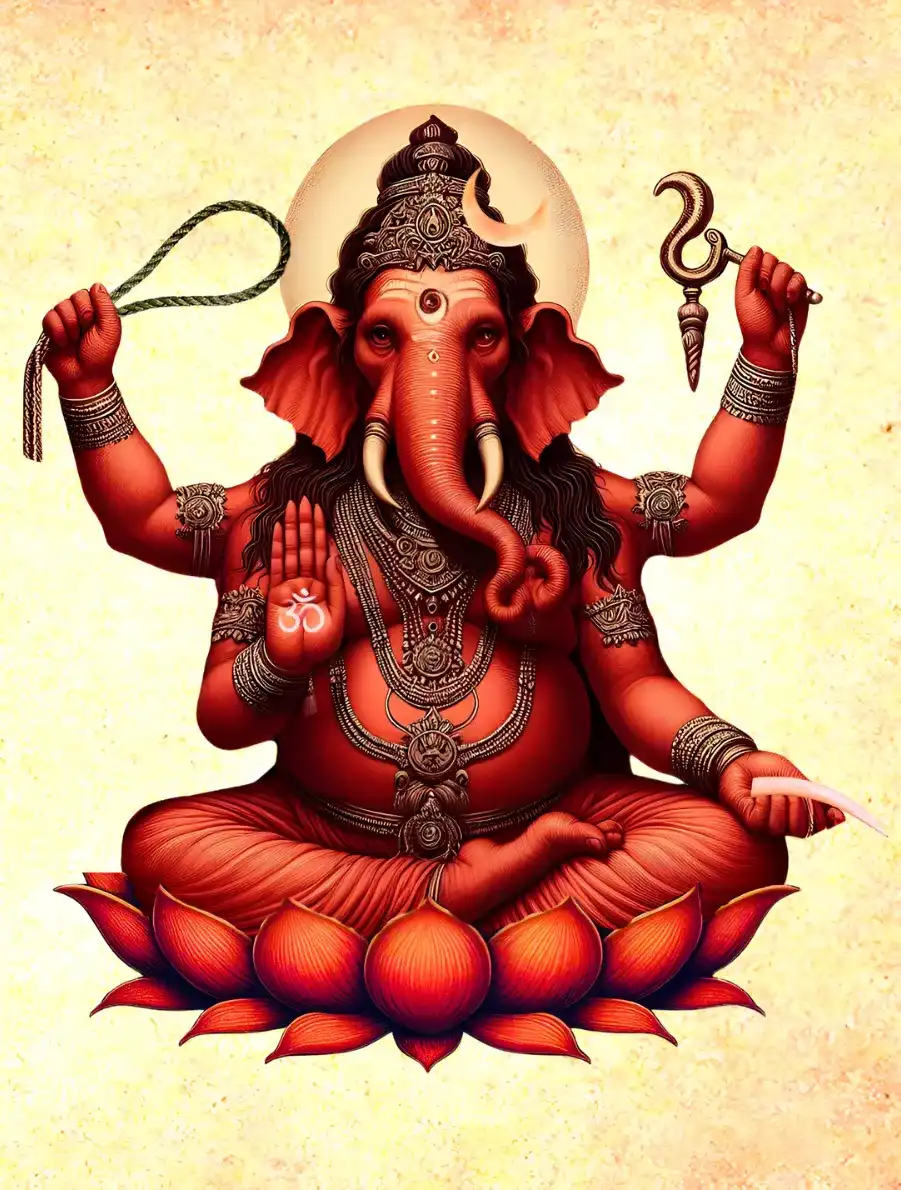 A vibrant red, four-armed Ucchishtha Ganapati seated in a meditative pose on a blooming red lotus. The elephant-headed deity features a third eye on his forehead, a crescent moon on his crown, and a trunk curving to his right. In his upper hands, he holds a noose (pasha) and a goad (ankusha); his lower left hand holds his broken tusk, while his lower right hand is raised in the Abhaya Mudra (gesture of fearlessness) with a white "Om" symbol on the palm. He is adorned with ornate golden jewelry and necklaces against a textured cream background.