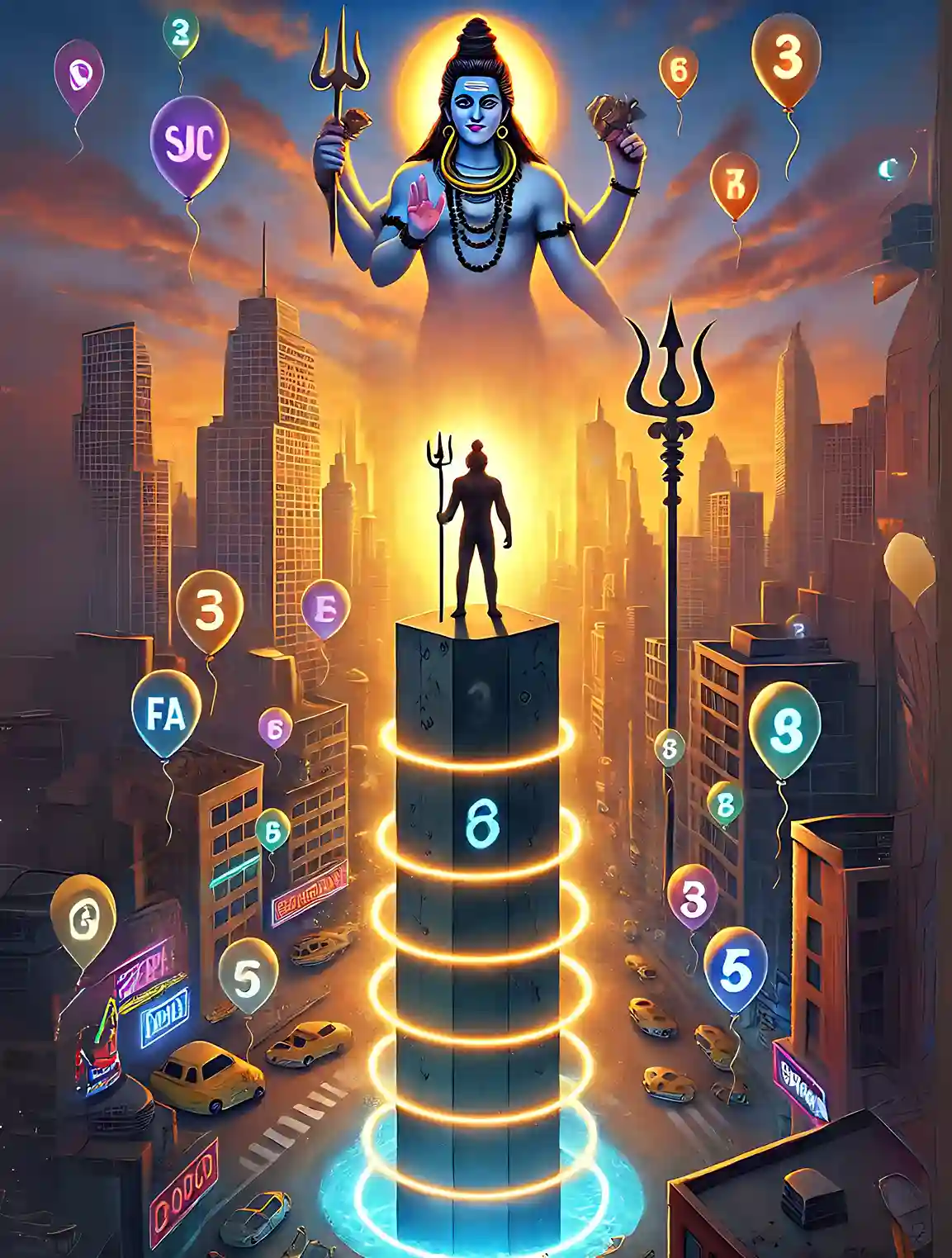 A proud figure stands on a pedestal surrounded by balloons of 'success' and 'wealth,' as Lord Shiva approaches with a glowing trident, symbolizing the eventual collapse of ego and the cycle of materialistic rebirth
