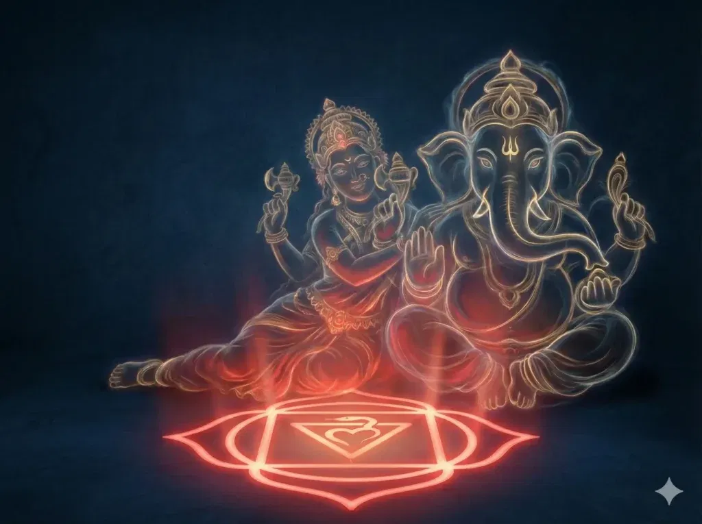 A vibrant digital illustration of a blue-skinned Lord Ganesha seated with Goddess Shakti leaning against him. Ganesha has multiple arms holding a veena, grain, a lotus, and a pomegranate, with one palm raised in blessing showing a red "Om" symbol. Shakti is dressed in traditional orange and gold attire against a deep blue, textured background.