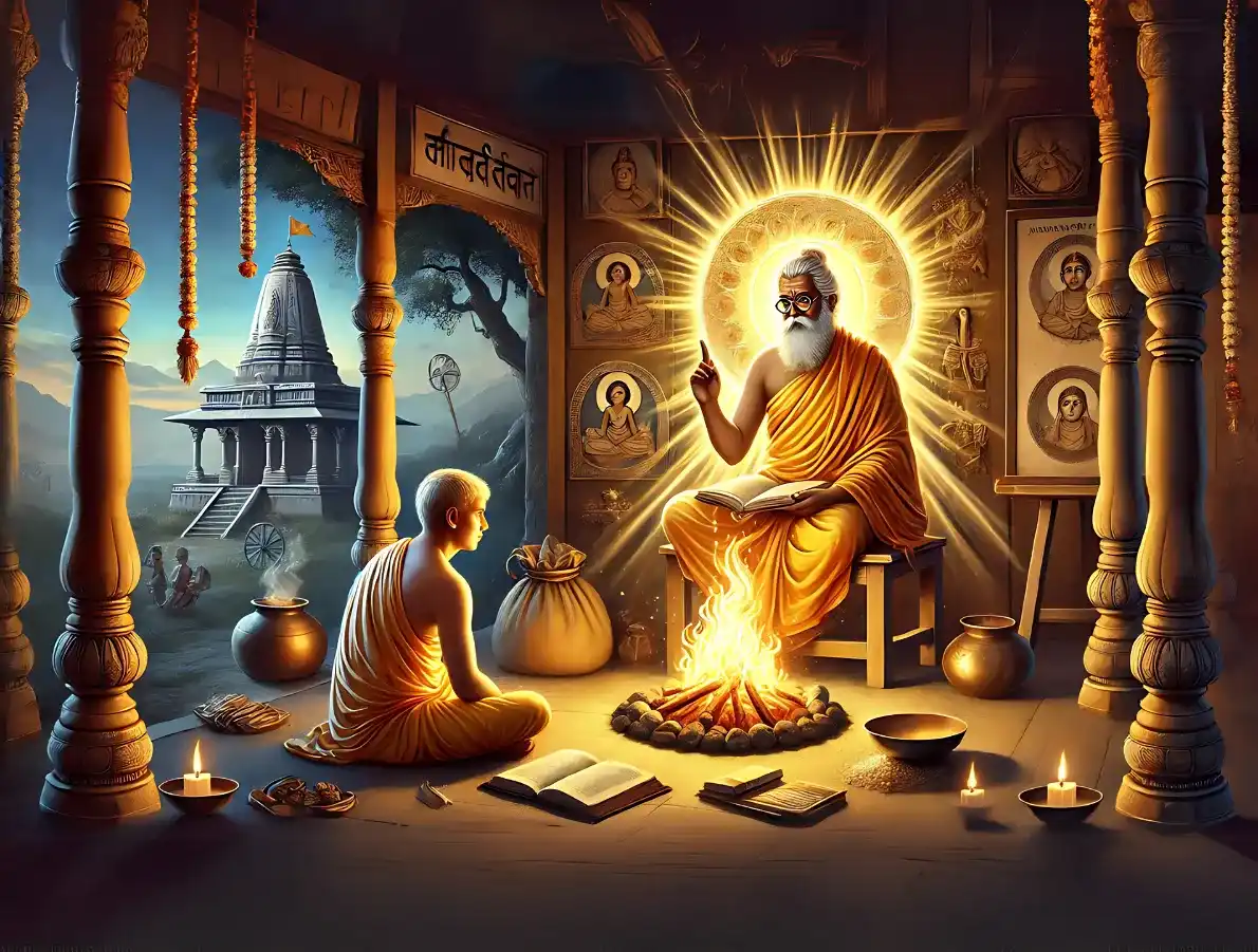 An enlightening scene depicting a Guru seated on a wooden chair radiating divine light, imparting spiritual wisdom to a disciple sitting cross-legged near a sacred fire. The setting includes a serene temple in the background, traditional Indian artifacts, holy books, and an aura of devotion, symbolizing the essence of Sanatana Dharma and the Guru's role in guiding seekers toward enlightenment.