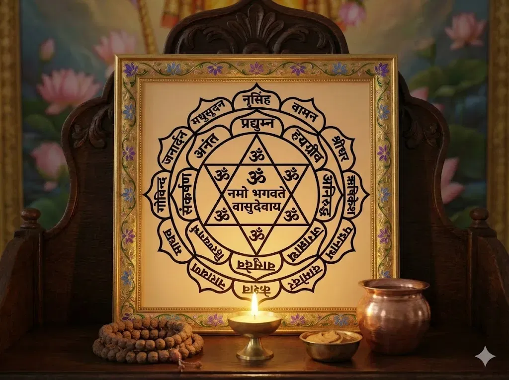 A realistic and devotional 4:3 image of a Sri Vishnu Yantra displayed in a golden frame with blue and purple floral patterns. The Yantra sits on a dark wooden altar illuminated by the warm glow of a lit ghee diya. Beside it are a coiled Tulsi mala, a small bowl of sandalwood paste, and a copper lota. The background features soft, blurred Vaikuntha-style lotus motifs and a hints of a divine figure, creating a calm and sacred atmosphere.