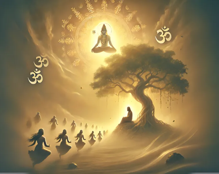 A serene depiction of spiritual maturity required to worship a deity with the Pranava, showing an enlightened figure meditating under a sacred Banyan tree with divine light and faintly visible deity, while unripe seekers face nature's challenges.