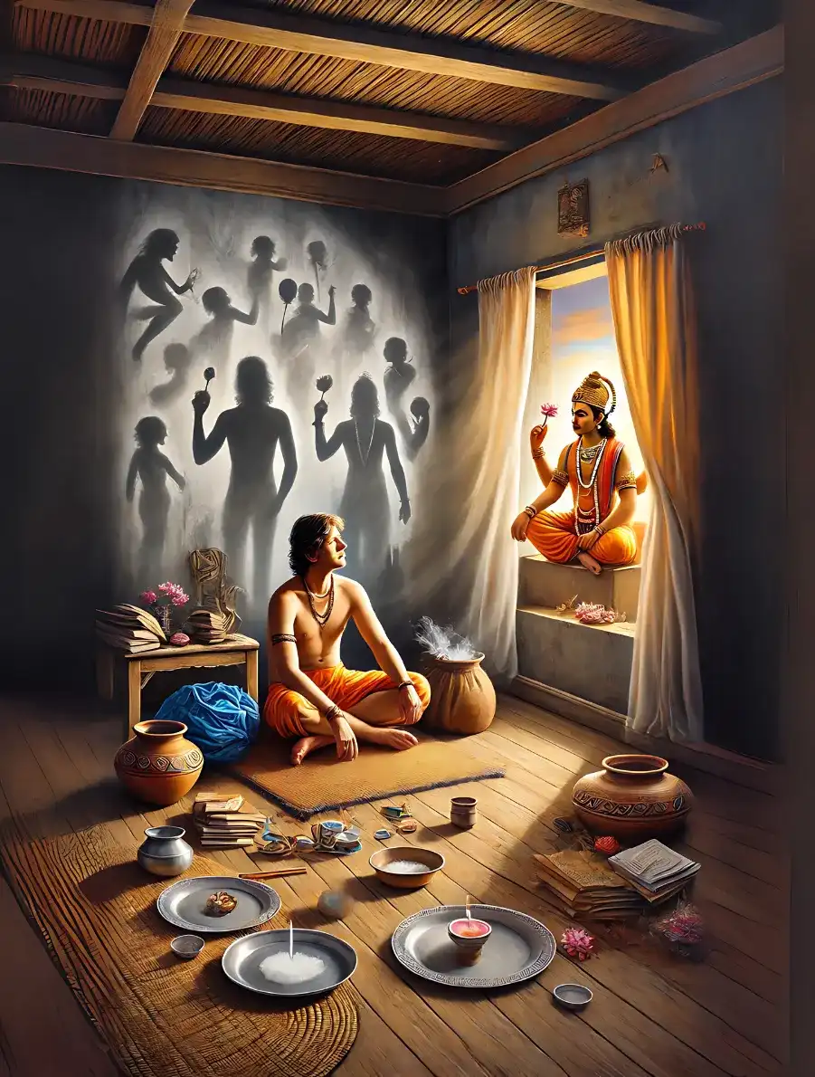 A vertical scene of a humble Indian household depicting the inner struggle between manipulative survival instincts and spiritual liberation. A middle-aged man sits cross-legged on the floor amidst modest items like clay pots, woven mats, and scattered books, his face reflecting deep contemplation and inner conflict. Shadowy figures or silhouettes subtly emerge around him, symbolizing manipulative tendencies and greed. In contrast, a radiant figure of Lord Vishnu stands in the background, holding a lotus and conch, emanating serenity and wisdom. Sunlight streaming through an open window illuminates Vishnu and part of the room, leaving the manipulative shadows in darkness, symbolizing the battle between worldly desires and divine guidance.