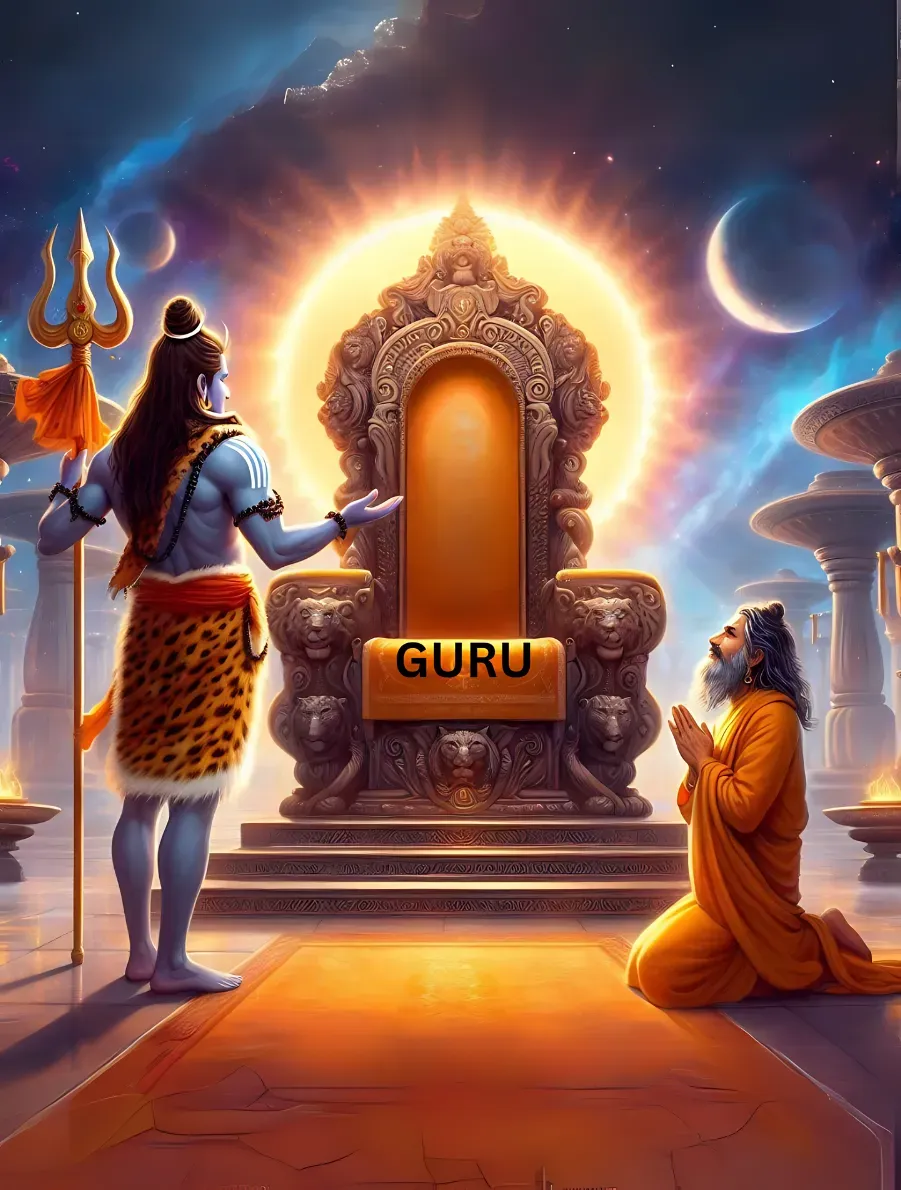 An artistic depiction of a guru bestowing blessings upon a kneeling disciple, symbolizing spiritual guidance and wisdom, with serene expressions and traditional saffron robes