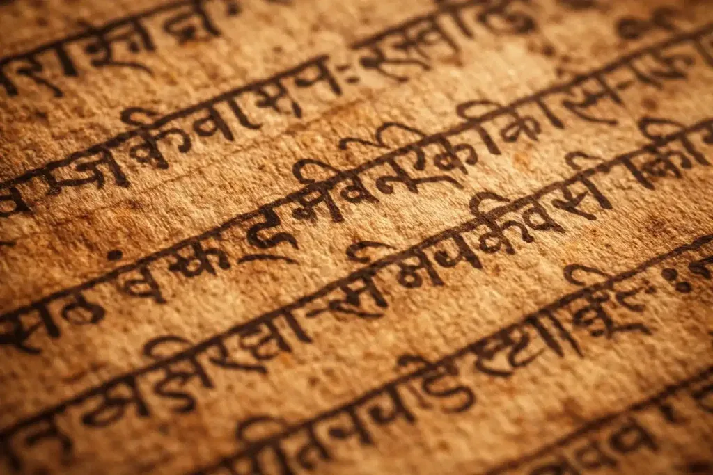 Close-up of authentic appearance (Illustrative) handwritten Sanskrit Varaha Mantra on Himalayan Bhojpatra birch bark, symbolizing the lineage-based preservation of Vidya and the power of sound.