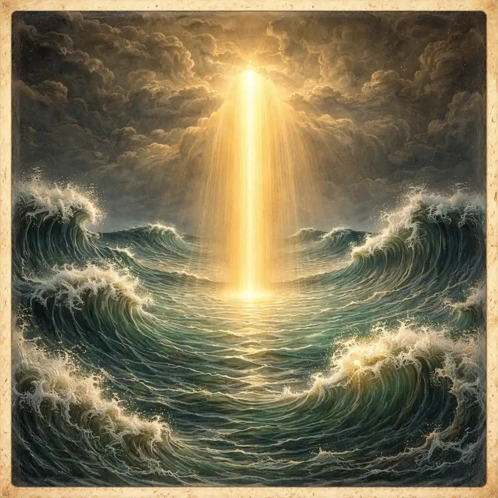 A surreal traditional Indian art style painting of a glowing golden pillar of light, the Divine Anchor, rising from a turbulent dark ocean to calm high waves.