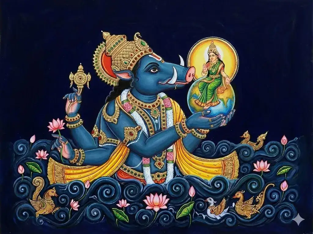Traditional Tanjore and Pattachitra style painting of Lord Varaha (Boar Avatar) with a dark blue complexion, gently lifting Mother Earth (Bhumi Devi) on His tusks from the cosmic waters.