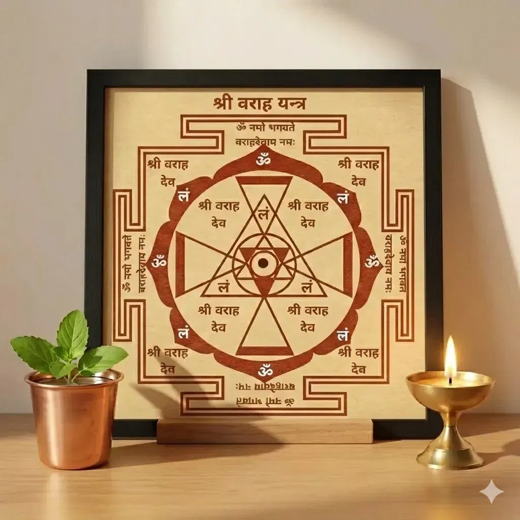 A hand-drawn (illustration) Shri Varah Yantra on authentic Himalayan Bhojpatra, encased in a sleek black frame and placed on a wooden stand. The pristine, sattvic home altar features a brass diya with a steady flame to the right and a copper cup with fresh Tulsi leaves to the left, all bathed in warm, peaceful morning sunlight.