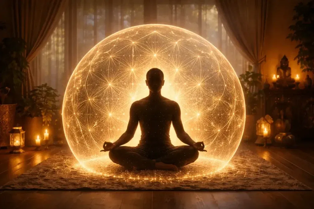 A person in deep meditation surrounded by a glowing golden energy shield, visualizing the protective 'kavach' effect of consistent Sri Varaha Mantra japa against instability and negativity.