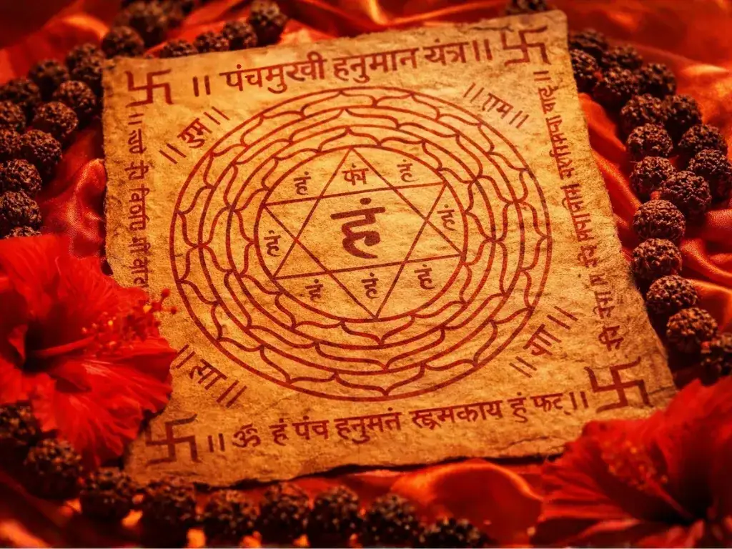 Consecrated Shri Panchamukhi Hanuman Yantra on dark maroon Bhojpatra, surrounded by red hibiscus flowers and a Rudraksha mala for spiritual protection and self-restraint.