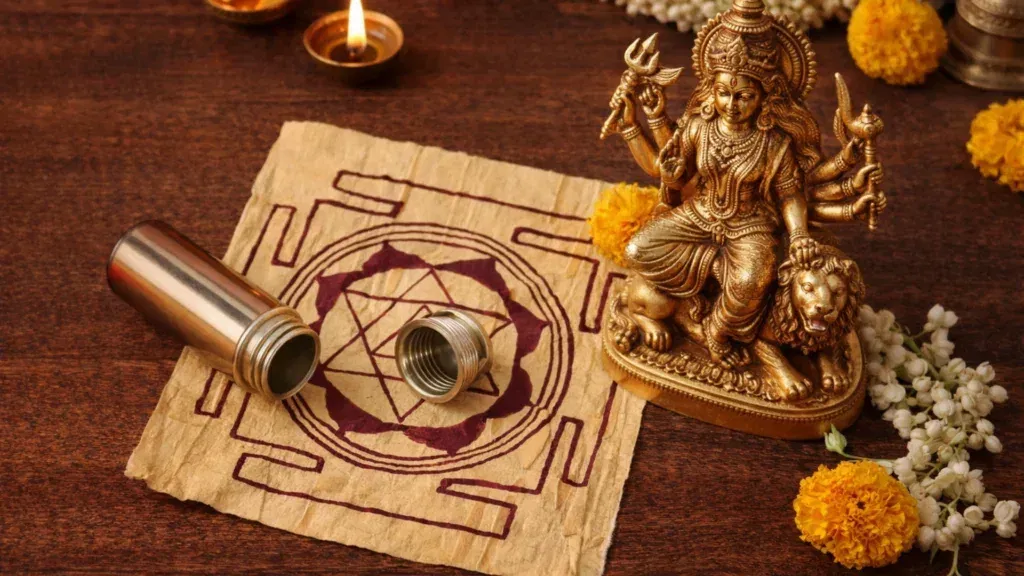 Durga Shakti Kavach Yantra handwritten on Bhojpatra, displayed with a golden Maa Durga idol for spiritual strength and safety.